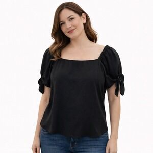 CeCe Black Puff Sleeve Tie Blouse Size Large Square Neck Top